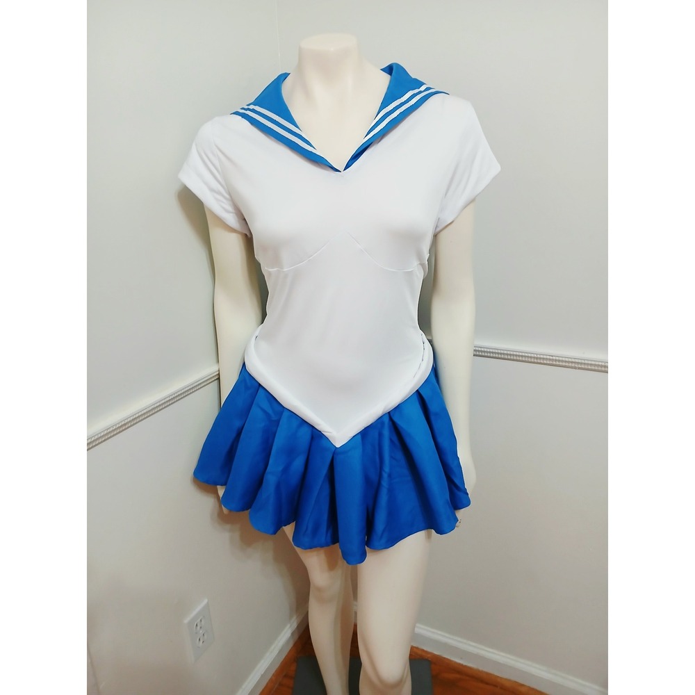 Sailor Moon Cosplay Costume One Piece Blue White Pleated Skirt Dress XL NWOT